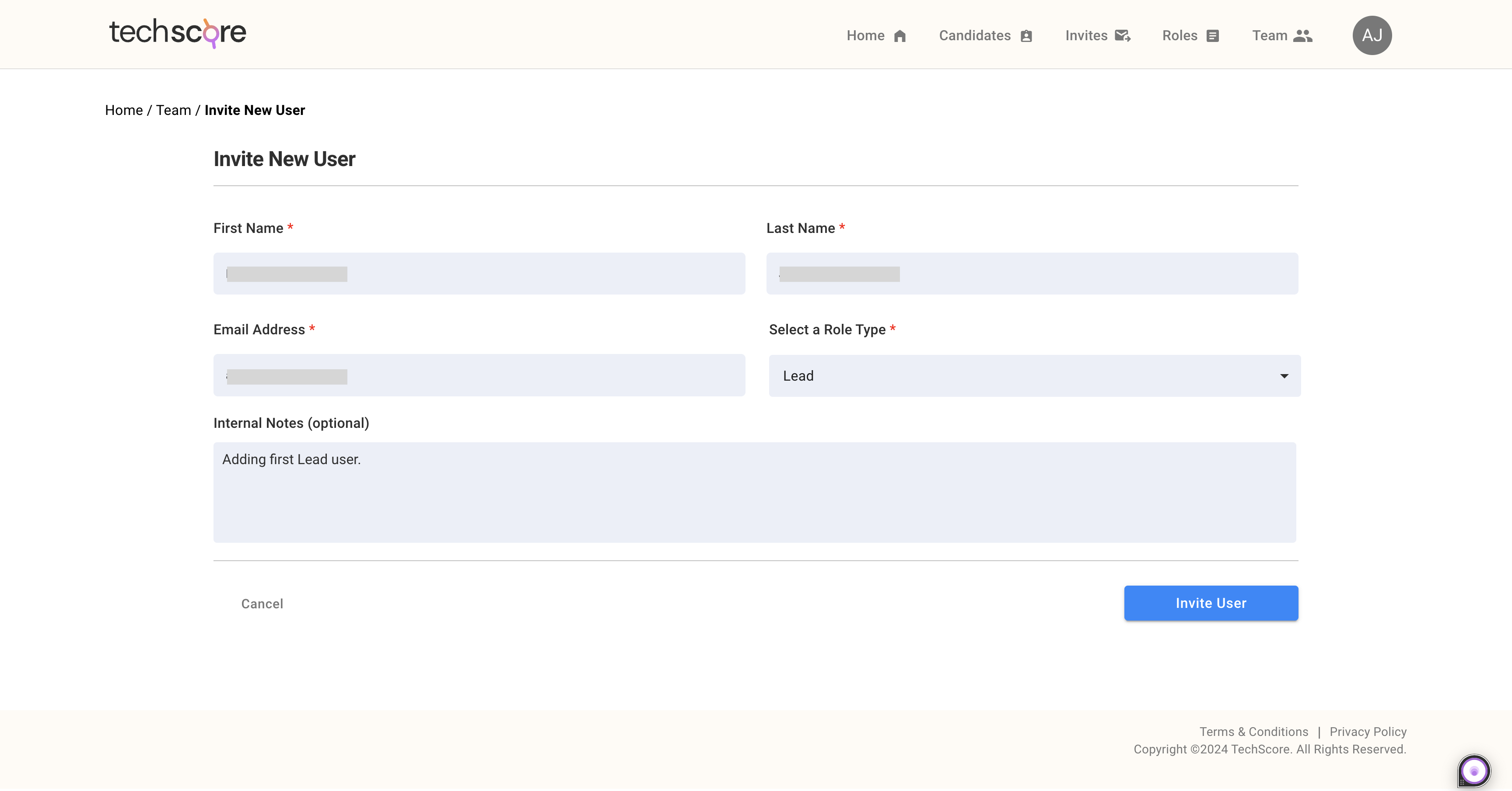 Image of Invite New User page